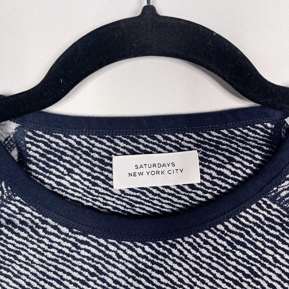 Saturdays New York City Mens Small Navy Blue White Zebra Knit Crew Neck Sweater - Picture 5 of 8